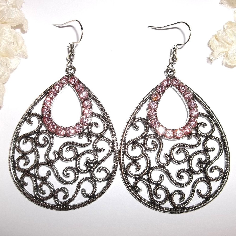 Earrings Pink and Silver Teardrop Statement Rhinestone Sparkly Jewelry Set A817